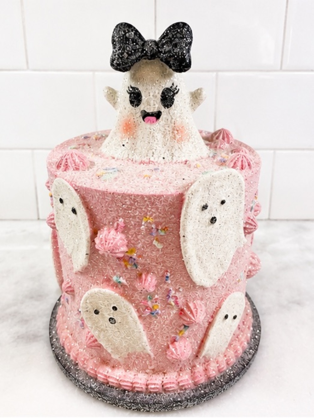 Pink Faux Cake Ghost Figurine Halloween Pastel Goth Decor Black Bow New